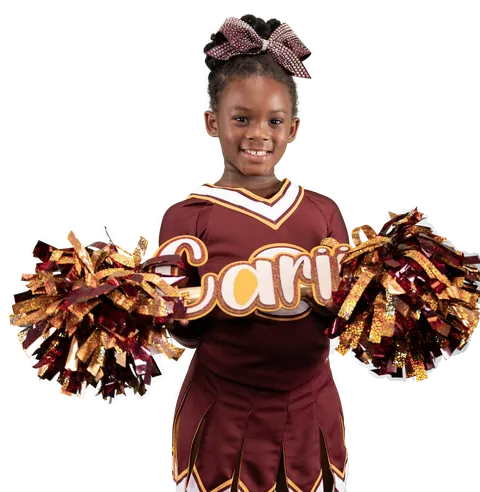 West Tampa Spartans cheerleader holding gold and maroon pom-poms